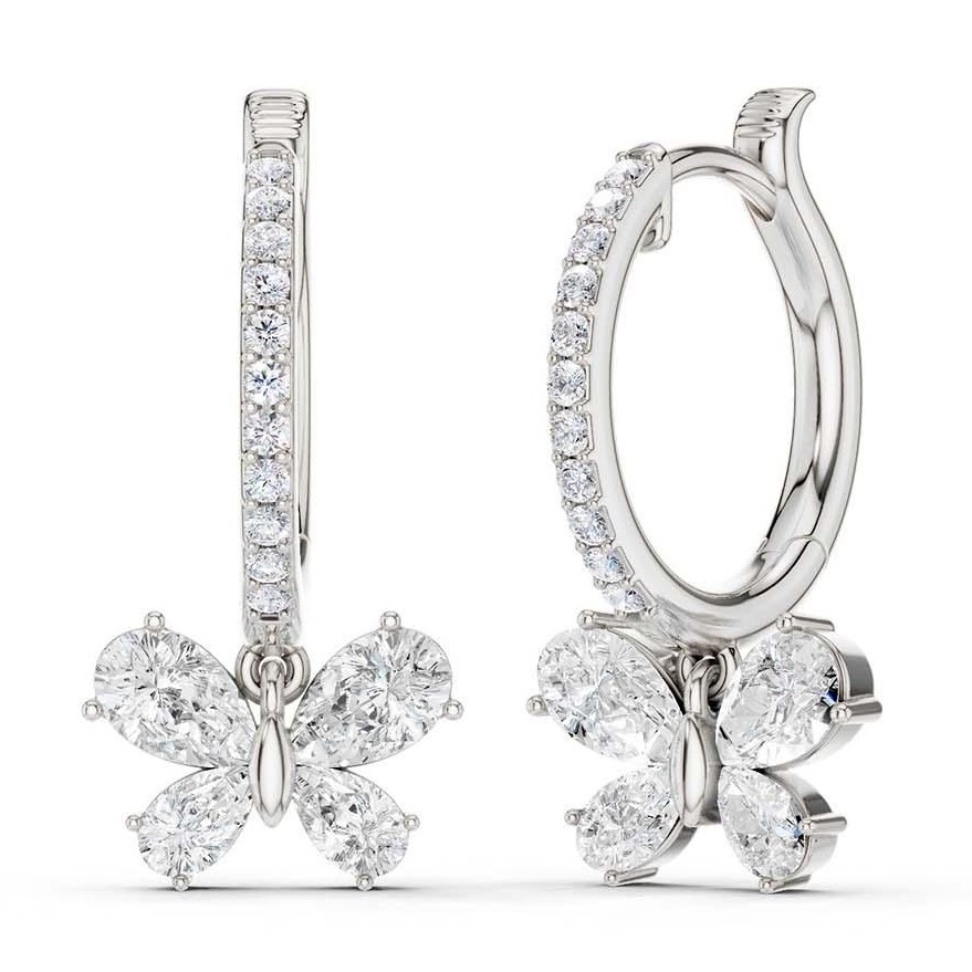 SUPER MAN MADE CREATED 1.25CTW DIAMOND HOOP/BUTTERFLY DROP EARRINGS CONTAINING: 8 PEAR SHAPE DIAMONDS + 22 ROUND DIAMONDS E-F VS 14KW