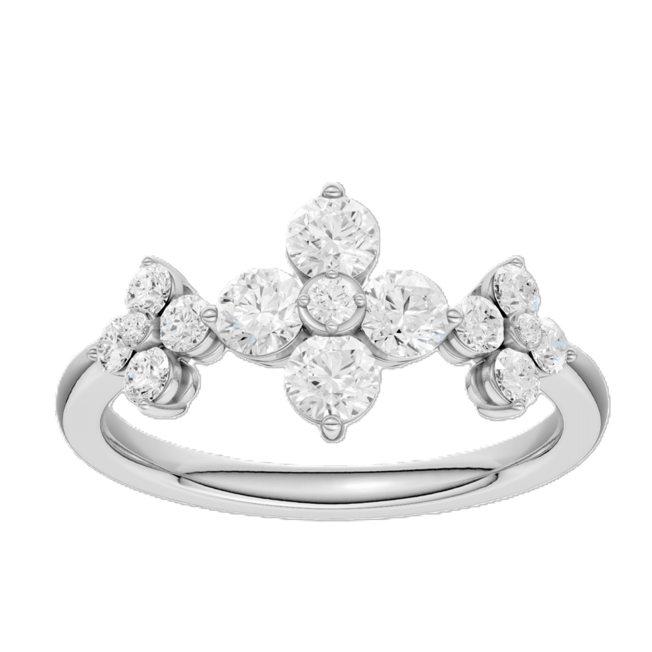 SUPER MAN MADE CREATED .75CTW TRIPLE-FLOWER RING CONTAINING: 15 ROUND DIAMONDS E-F VS 14KW