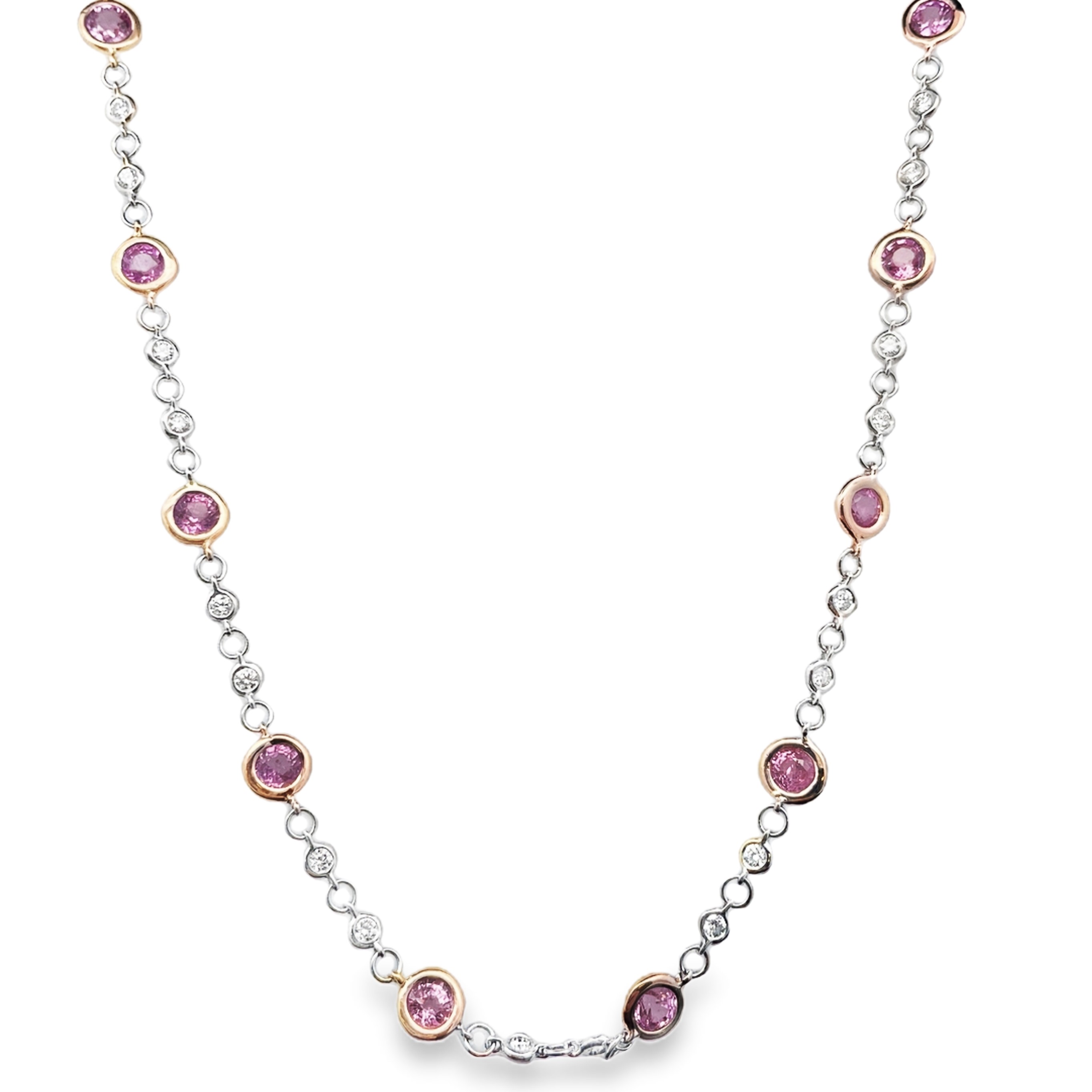 6.79TGW PINK SAPPHIRE + DIAMOND BEZEL-SET STATIONS NECKLACE CONTAINING: 17 ROUND PINK SAPPHIRES 5.60CTW + 33 ROUND DIAMONDS 1.19TDW 18KWY