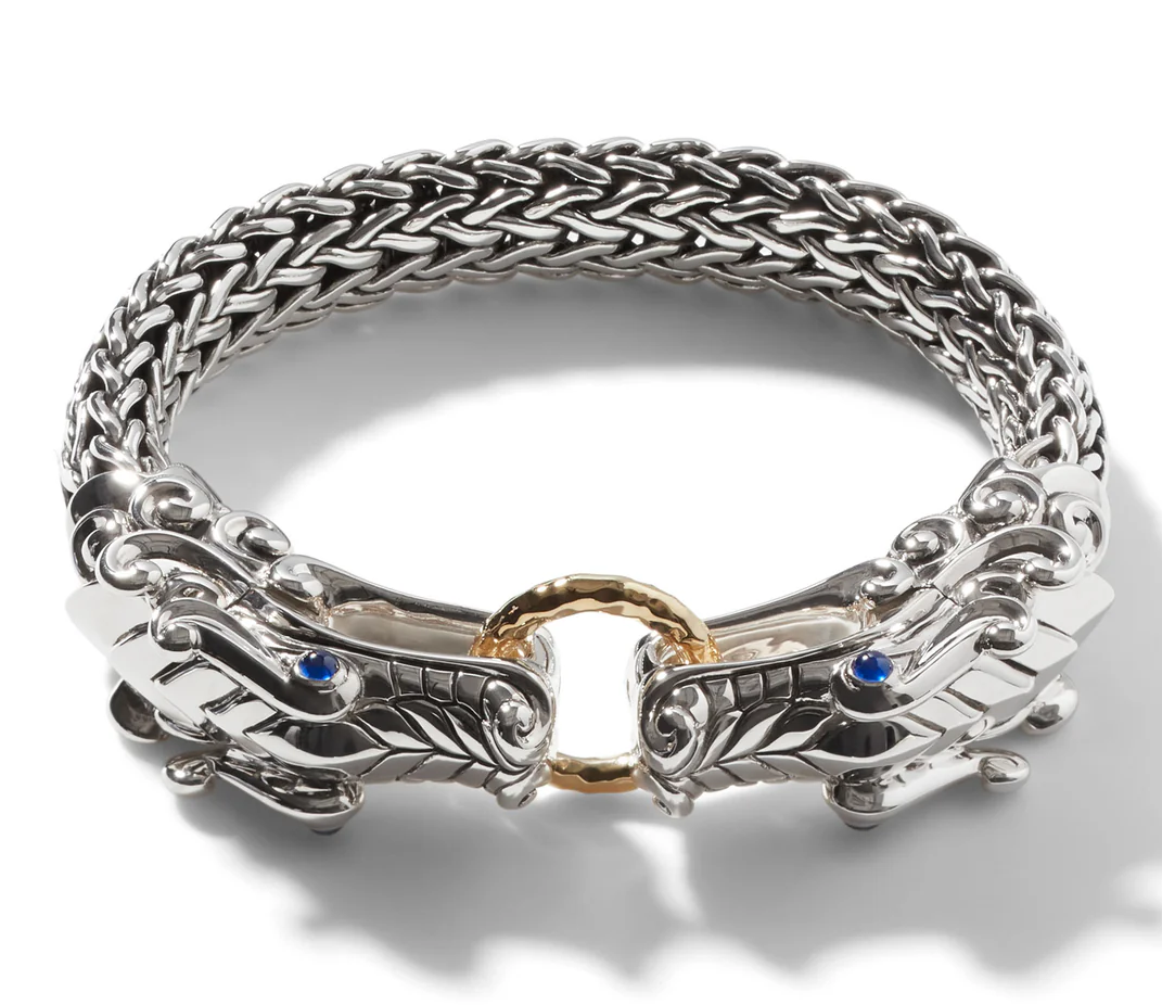 JOHN HARDY NAGA HERITAGE HAMMERED 18KY/SILVER DOUBLE DRAGON HEAD10.5MM LARGE CHAIN BRACELET WITH BLUE SAPPHIRE EYES SIZE UL