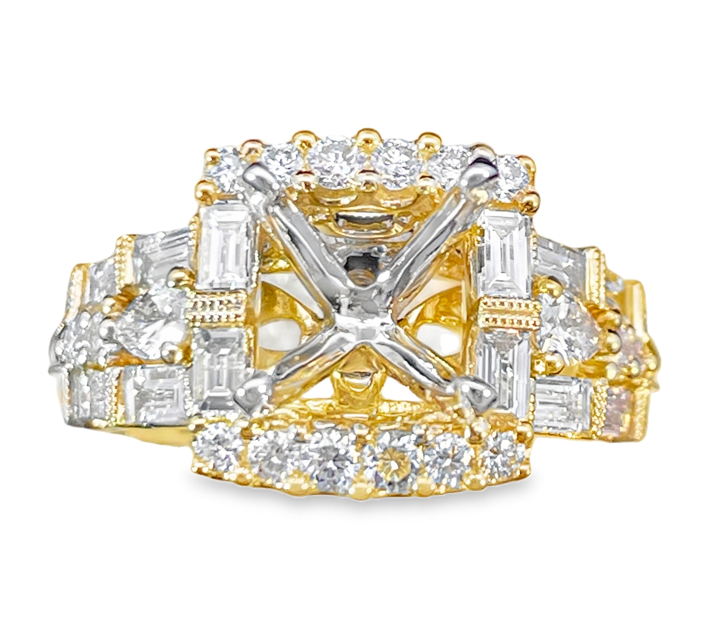 1.15CTW SQUARE-HALO DIAMOND ENGAGEMENT RING SEMI MOUNTING CONTAINING: 2 PEAR-SHAPE DIAMONDS 12 BAGUETTE DIAMONDS + 16 ROUND MELEE DIAMONDS 14KY