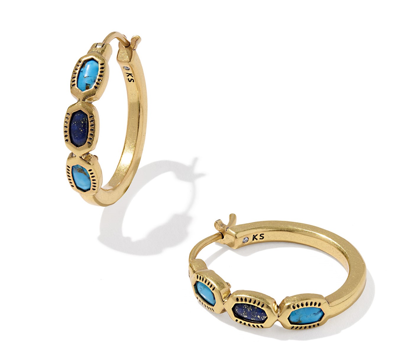 KENDRA SCOTT MINI ELISA BLUE MIX VINTAGE GOLD TONE HOOP EARRINGS