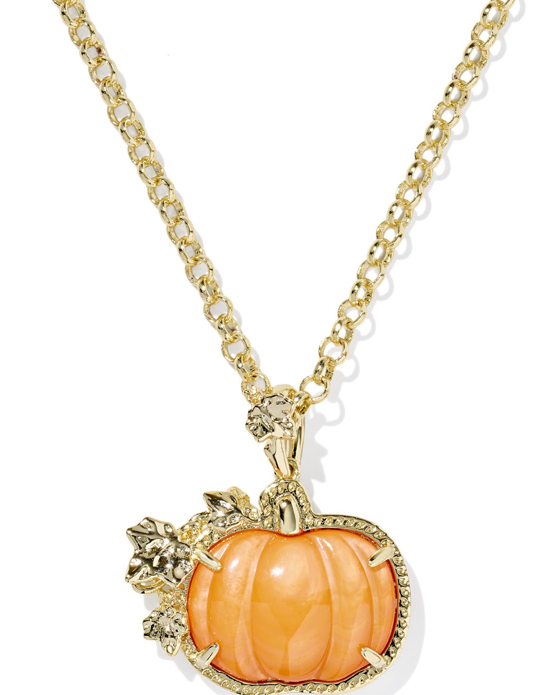 KENDRA SCOTT ORANGE MOTHER OF PEARL PUMPKIN GOLD TONE LONG PENDANT NECKLACE