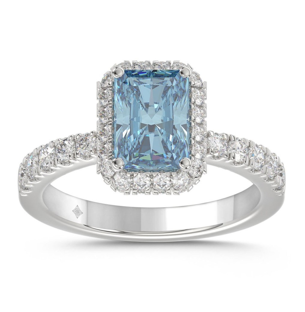 SUPER MAN MADE CREATED 4.00CTW DIAMOND HALO ENGAGEMENT RING CONTAINING: 3.00CT RADIANT BLUE DIAMOND CENTER + 60 ROUND MELEE DIAMONDS 1.00CTW 14KW EC-130252