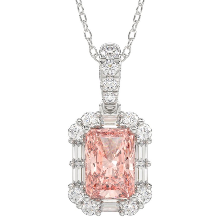 SUPER MAN MADE CREATED 1.35CTW DIAMOND HALO PENDANT/CHAIN CONTAINING: 1.25CT RADIANT CUT PINK DIAMOND CENTER + 6 BAGUETTE + 12 ROUND MELEE DIAMONDS .10CTW 14KW  CHAIN INCLUDED