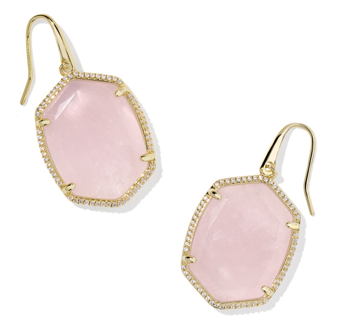 KENDRA SCOTT DAPHNE PAVE ROSE QUARTZ GOLD FRAMED DROP EARRINGS