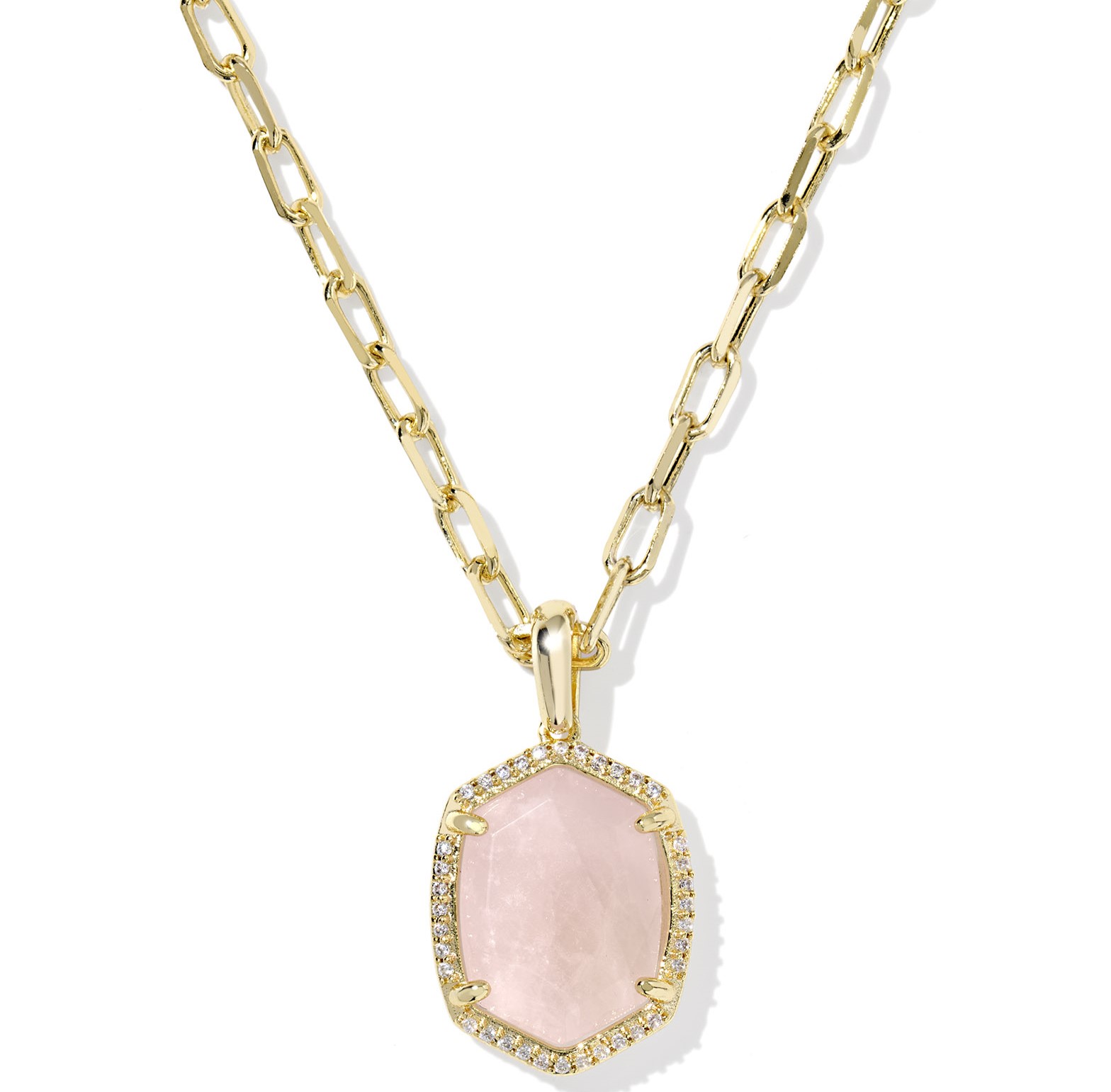 KENDRA SCOTT DAPHNE PAVE ROSE QUARTZ GOLD FRAMED NECKLACE