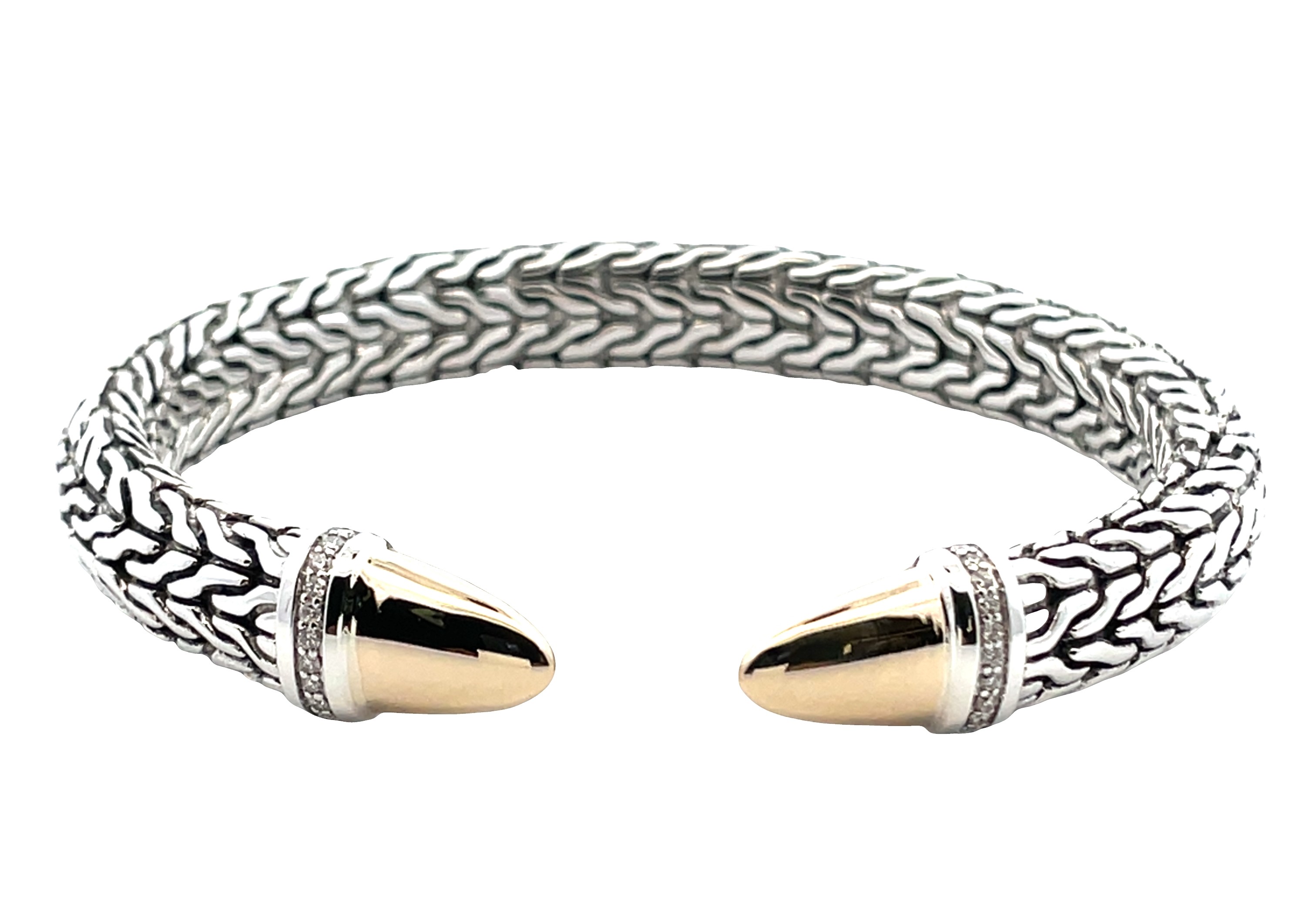 JOHN HARDY SPEAR 14KY/SILVER DIAMOND PAVE 8.9MM FLEX CUFF .25CTW SIZE M