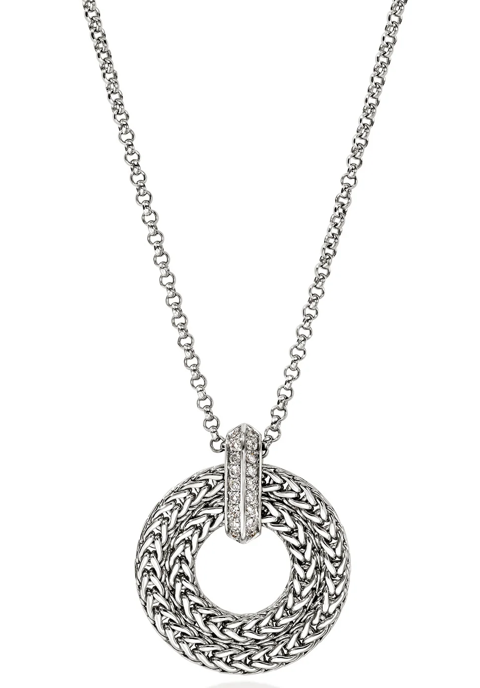 JOHN HARDY ICON LINK SILVER DIAMOND PAVE OVAL PENDANT/2MM ROLO 16-18" ROLO CHAIN .21CTW