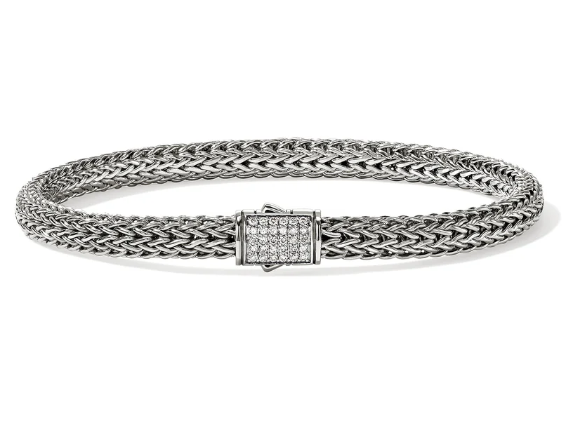 JOHN HARDY ICON SILVER DIAMOND PAVE 5MM EXTRAL SMALL BRACELET WITH PUSHER CLASP .15CTW