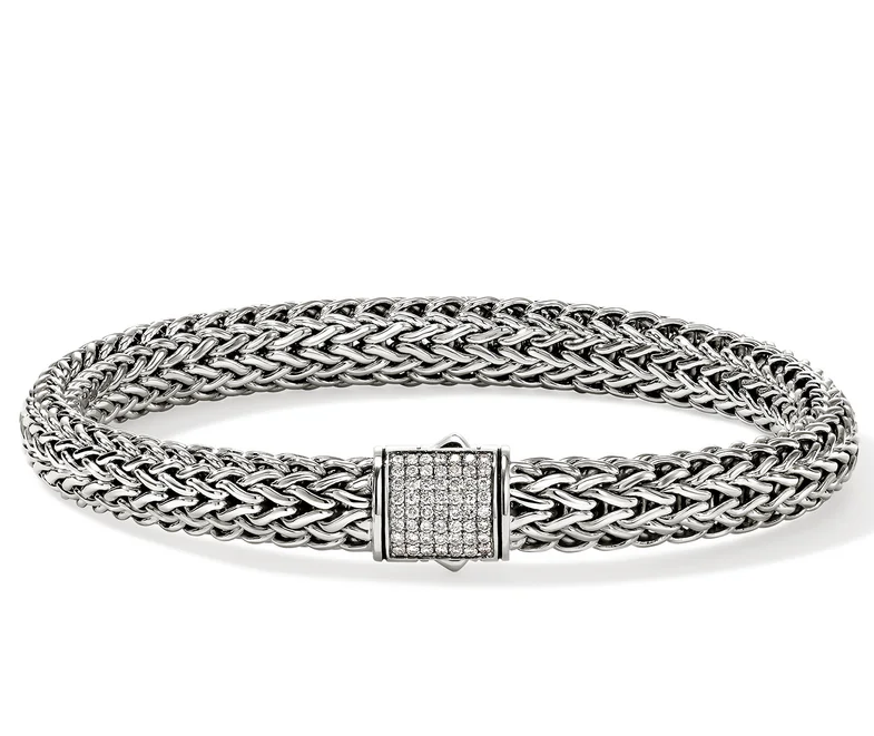 JOHN HARDY ICON SILVER DIAMOND PAVE 7.5MM MEDIUM BRACELET WITH PUSHER CLASP .28CTW