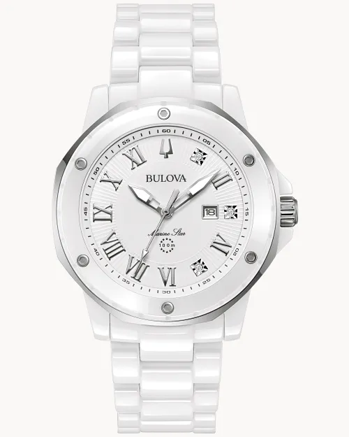 BULOVA 36MM MARINE STAR WHITE 3 ROUND DIAMOND DIAL WHITE CERAMIC LINK BRACELET