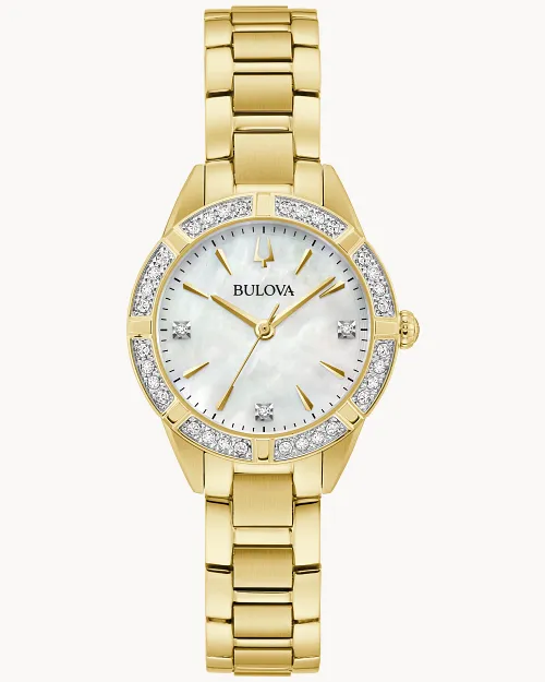 BULOVA 28MM LDS WHITE 3 ROUND DIAMOND DIAL 16 ROUND DIAMOND BEZEL LINK BRACELET GOLD TONE