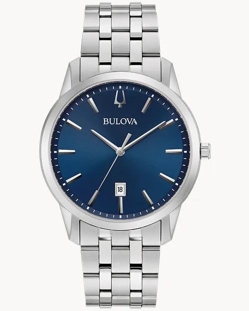 BULOVA SUTTON 40MM BLUE ROUND DATE DIAL WATCH LINK BRACELET STAINLESS