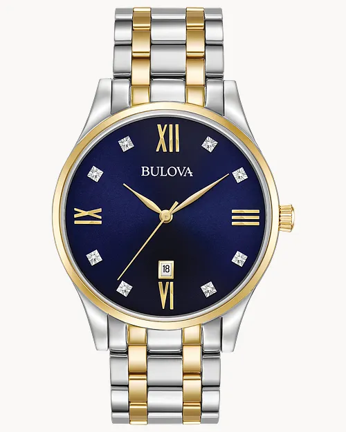 BULOVA 40MM ROUND BLUE 8 ROUND DIAMOND DIAL LINK BRACELET STAINLESS