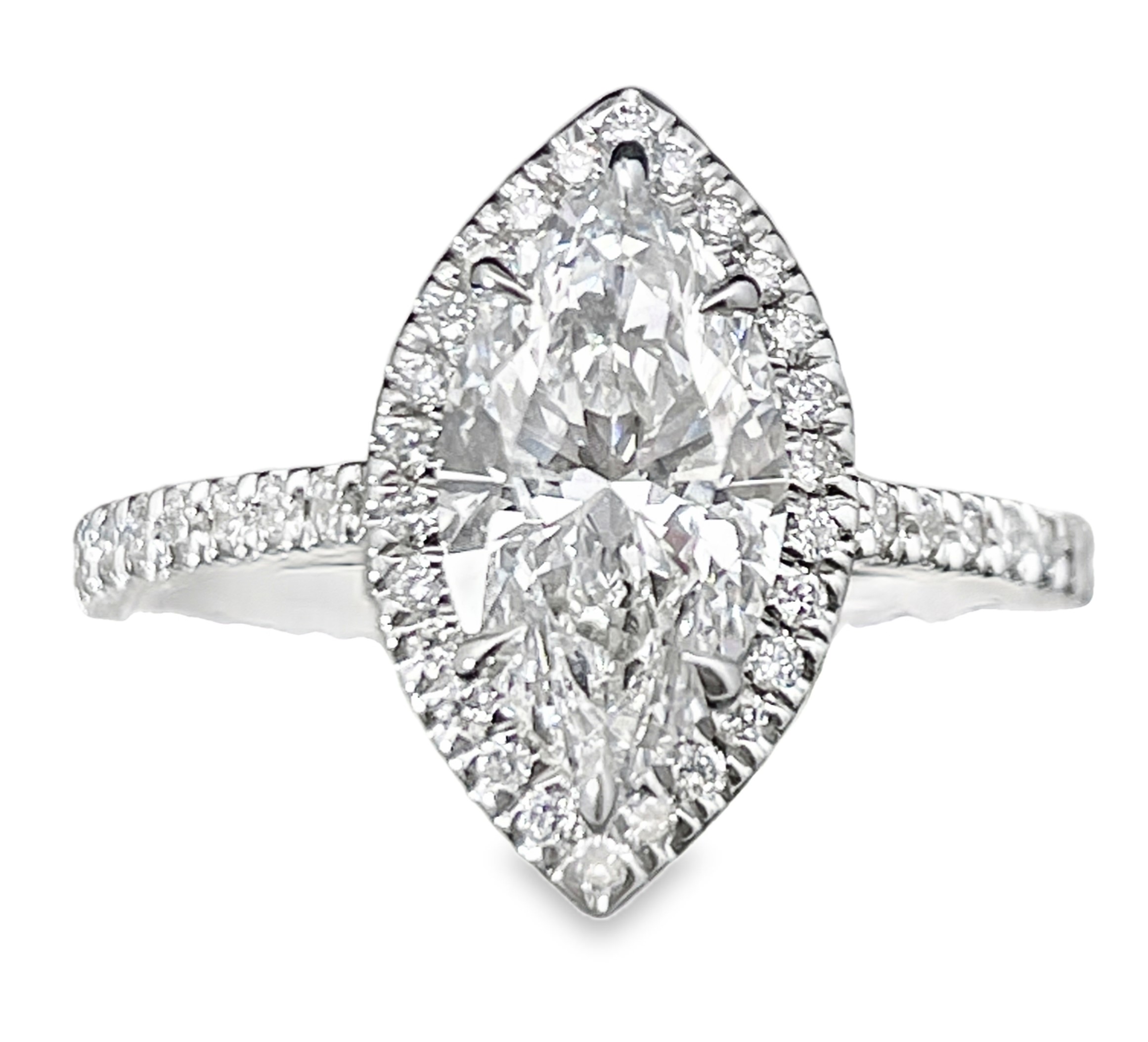 SUPER MAN MADE CREATED 1.85CTW DIAMOND ENGAGEMENT RING CONTAINING: 1.57CT MARQUISE DIAMOND CENTER F VS + 46 ROUND MELEE DIAMONDS .28CTW E-F VS 14KW IGI CARD CERT 42J526012407