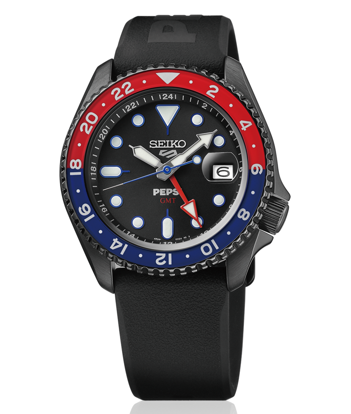 SEIKO 5 SPORTS PEPSI LIMITED EDITION 42.5MM WATCH ROUND BLACK DIAL BLACK/BLUE BEZEL BLACK STRAP