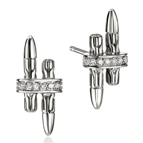 JOHN HARDY SPEAR SILVER DIAMOND PAVE STUD EARRINGS .12CTW
