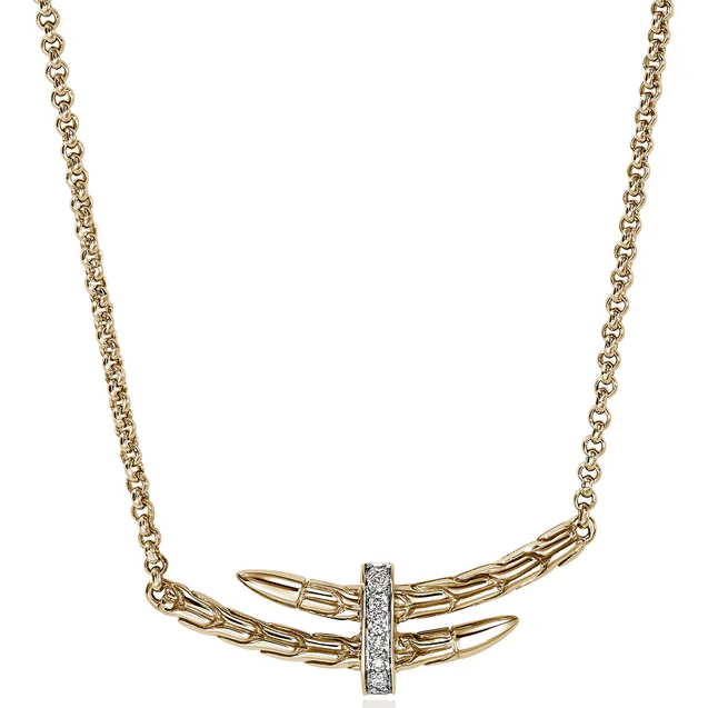 JOHN HARDY SPEAR 14KY DIAMOND PAVE STATION 16-18" NECKLACE WITH 1.5MM ROLO CHAIN .06CTW