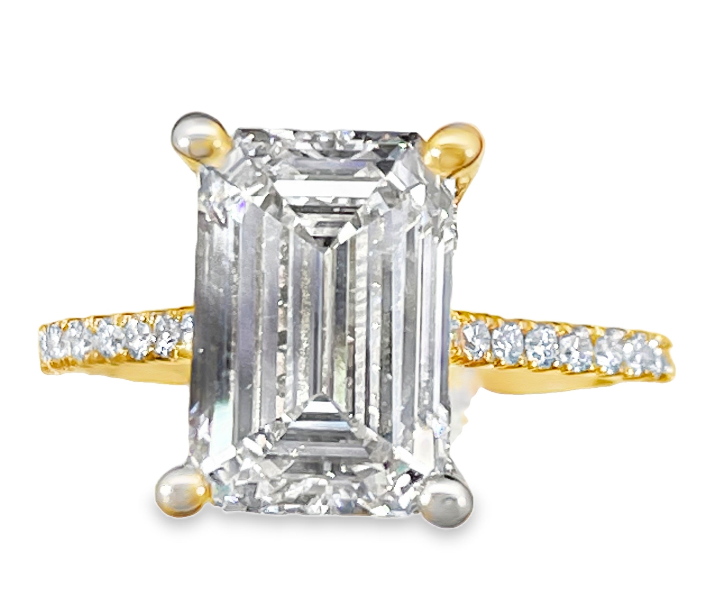 SUPER MAN MADE CREATED 4.38CTW DIAMOND HIDDEN-HALO ENGAGEMENT RING CONTAINING: 4.07CT EMERALD CUT DIAMOND CENTER F VS1 IGI LG695522988 + 36 ROUND MELEE DIAMONDS .31CTW 14KY