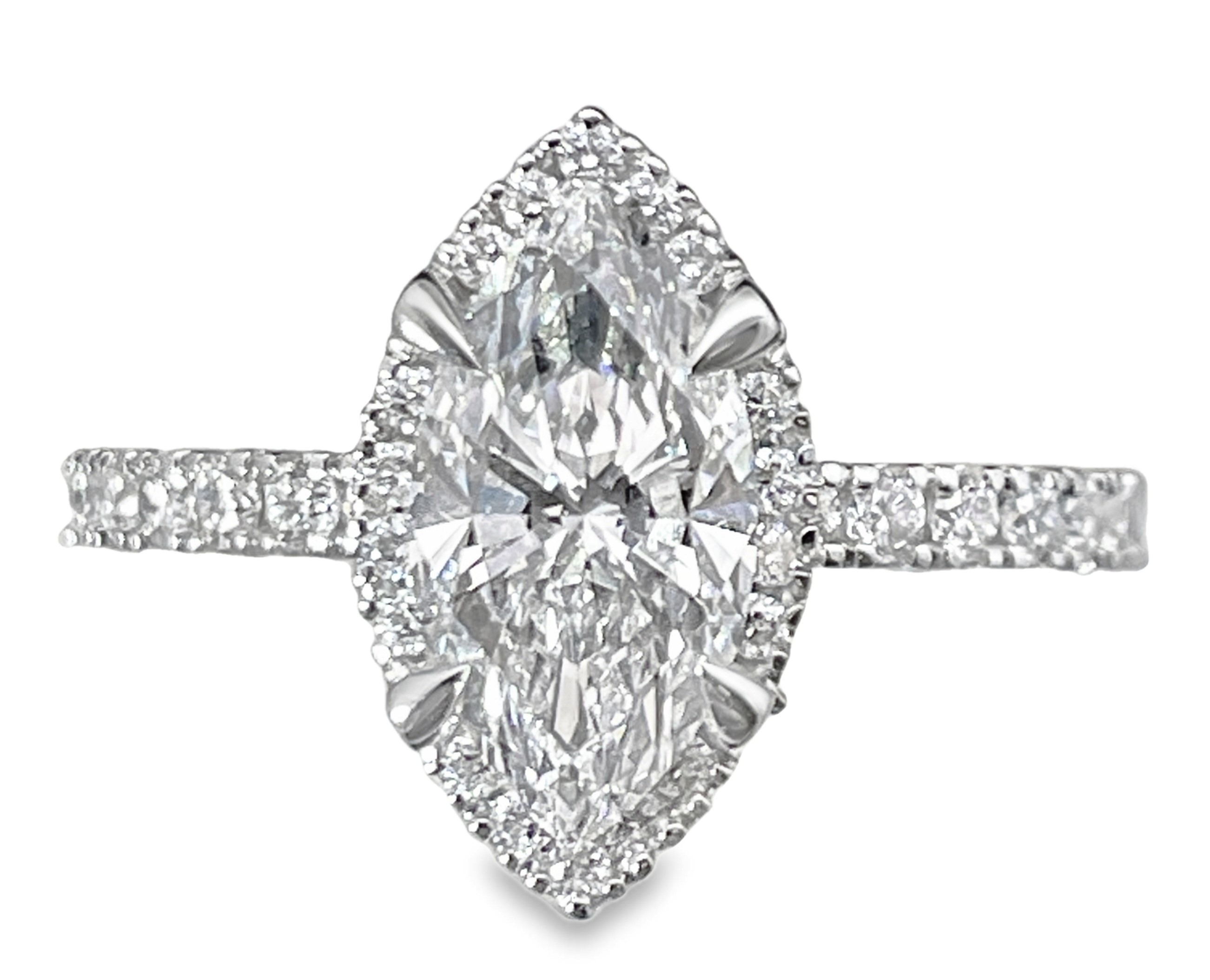 SUPER MAN MADE CREATED 1.72CTW DIAMOND HALO ENGAGEMENT RING CONTAINING: 1.32CT MARQUISE DIAMOND CENTER + 50 ROUND MELEE DIAMONDS .40CTW 14KW