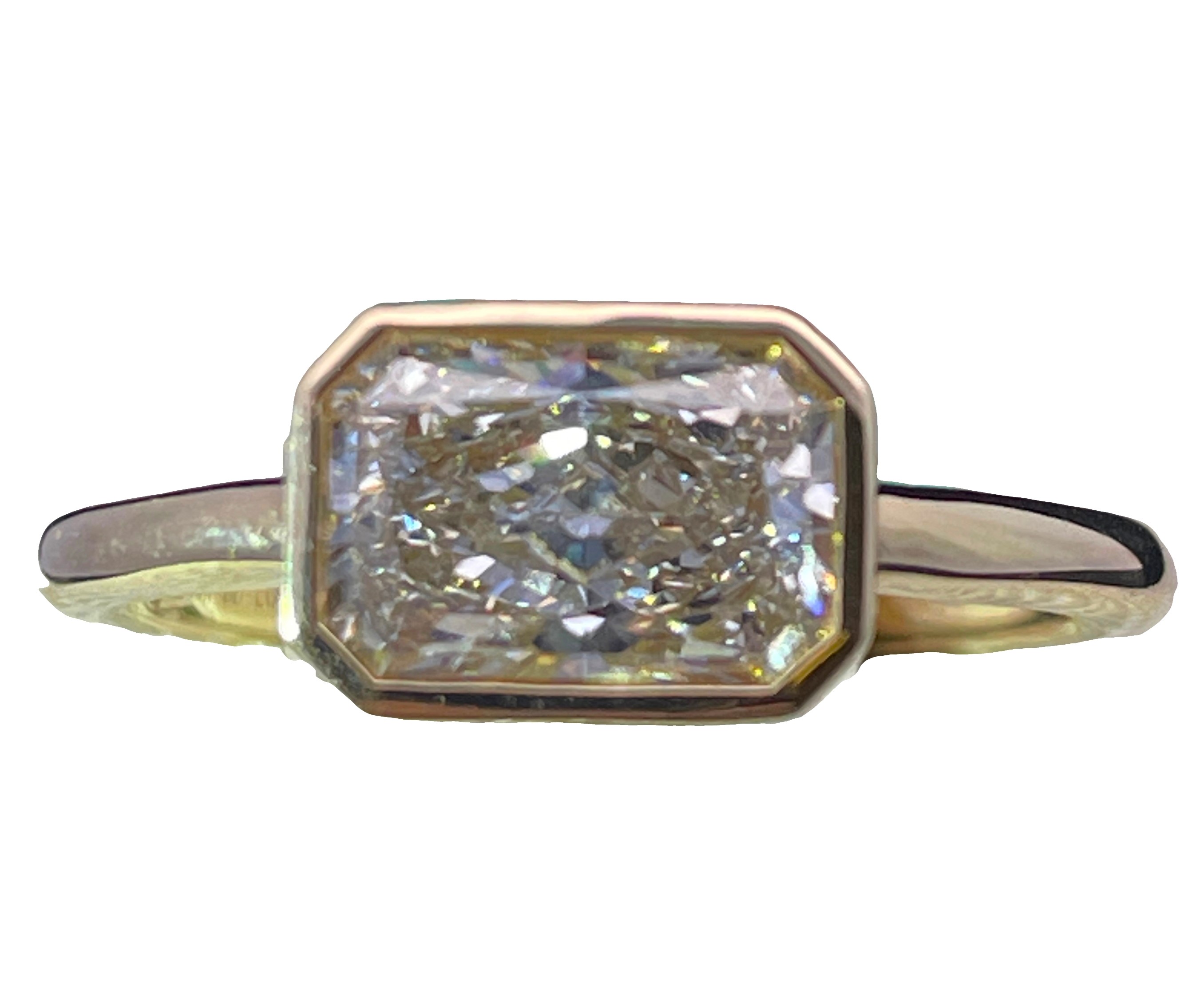 SUPER MAN MADE CREATED 1.45CT RADIANT CUT BEZEL-SET DIAMOND EAST-WEST SOLITAIRE RING 14KY