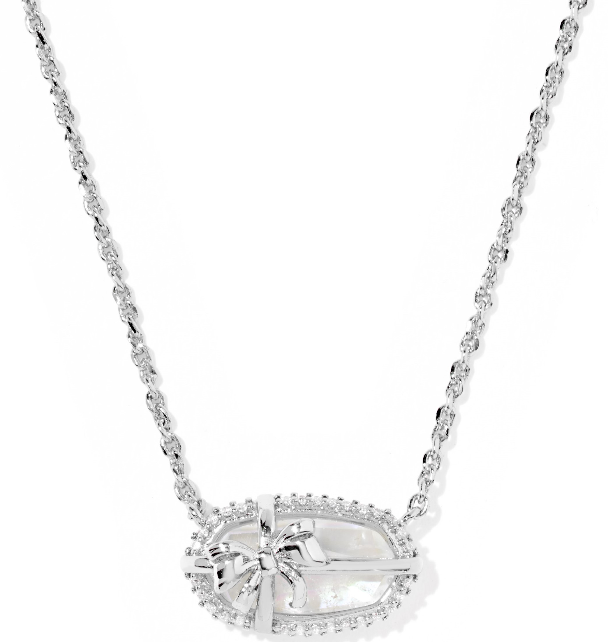 KENDRA SCOTT ELISA BOW IRIDESCENT CRYSTAL IVORY ILLUSION RHODIUM SHORT PENDANT NECKLACE