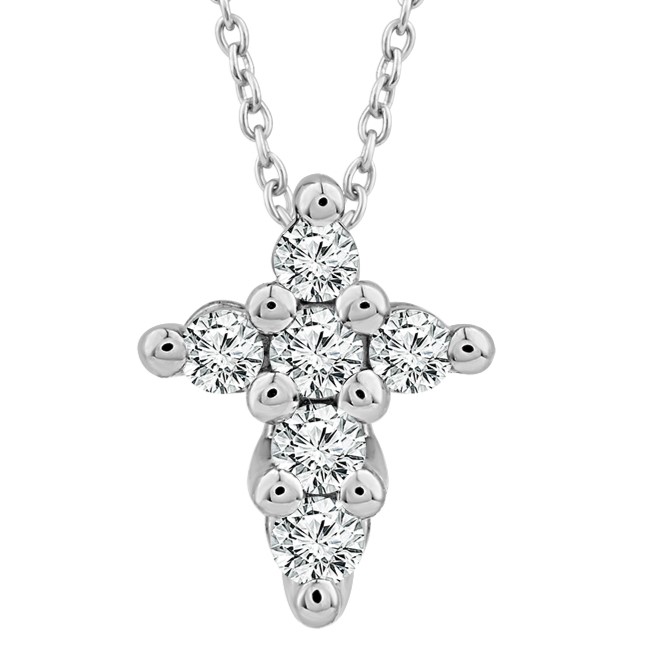 IDEAL ESSENTIALS 1/10CTW DIAMOND CROSS PENDANT/CHAIN CONTAINING: 6 ROUND HEARTS & ARROWS IDEAL CUT DIAMONDS G VS-SI 14KW CHAIN INCLUDED