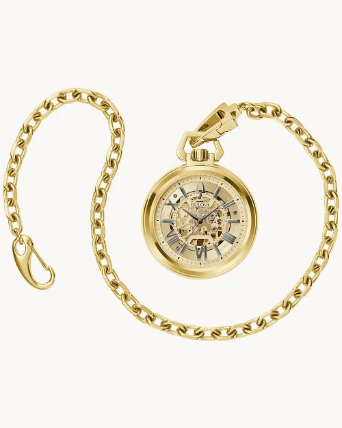 BULOVA 50MM SKELETON POCKET WATCH GOLD TONE CASE/CHAIN