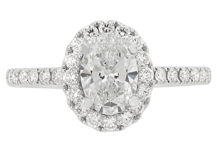 SUPER MAN MADE CREATED 2.07CTW DIAMOND OVAL HALO ENGAGEMENT RING CONTAINING: 1.57CT OVAL DIAMOND CENTER F VS1 LG614318809 + 34 ROUND MELEE DIAMONDS 1/2CTW 14KW