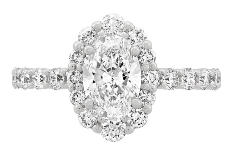 SUPER MAN MADE CREATED 2.07CTW DIAMOND OVAL HALO ENGAGEMENT RING CONTAINING: 1.07CT OVAL DIAMOND CENTER E VS1IGI LG610327351 + 24 ROUND MELEE DIAMONDS 1.00CTW 14KW