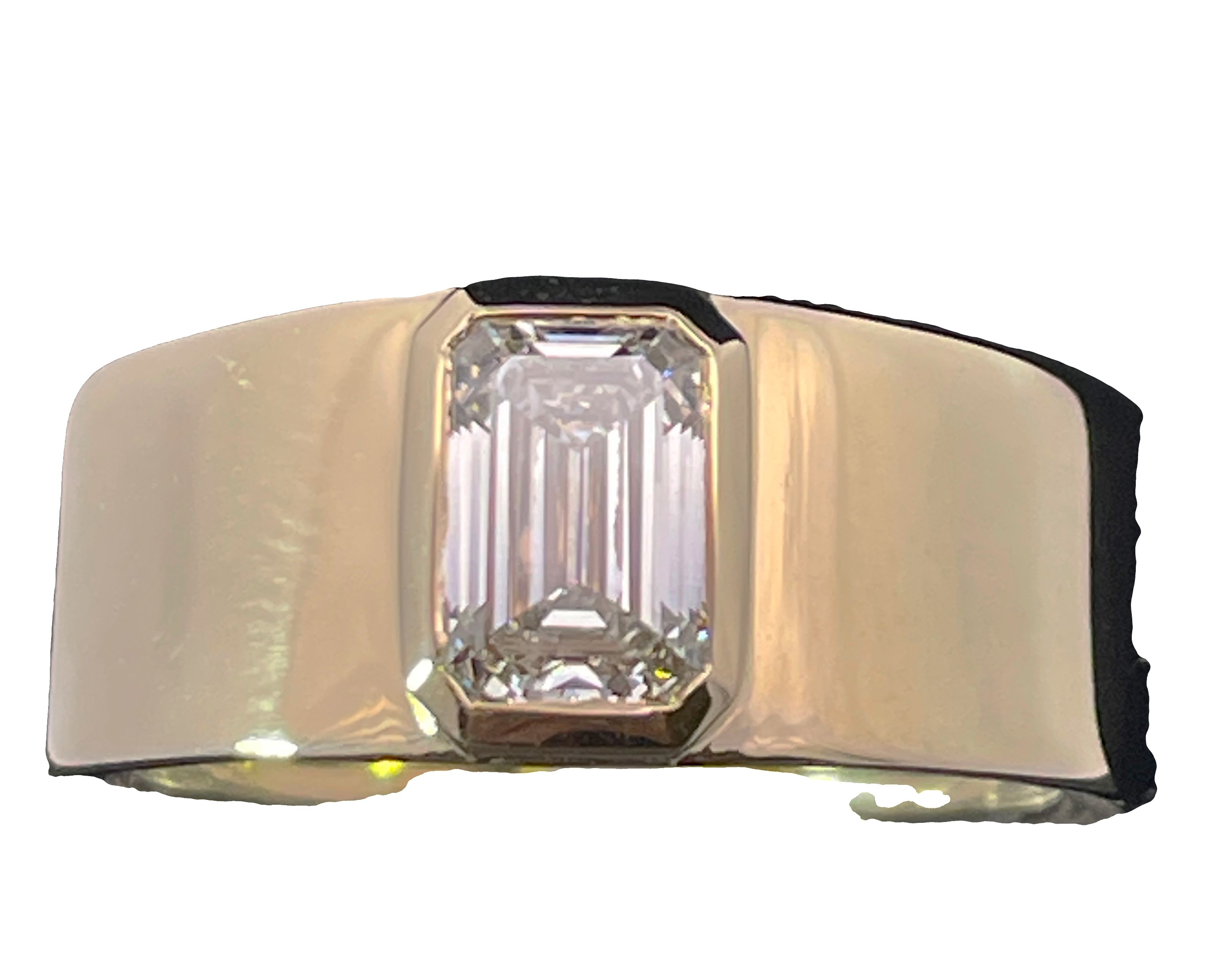 SUPER MAN MADE CREATED 1.09CT EMERALD CUT DIAMOND BEZEL-SET WIDE BAND SOLITAIRE RING F VVS2 IGI LG528216391 14KY