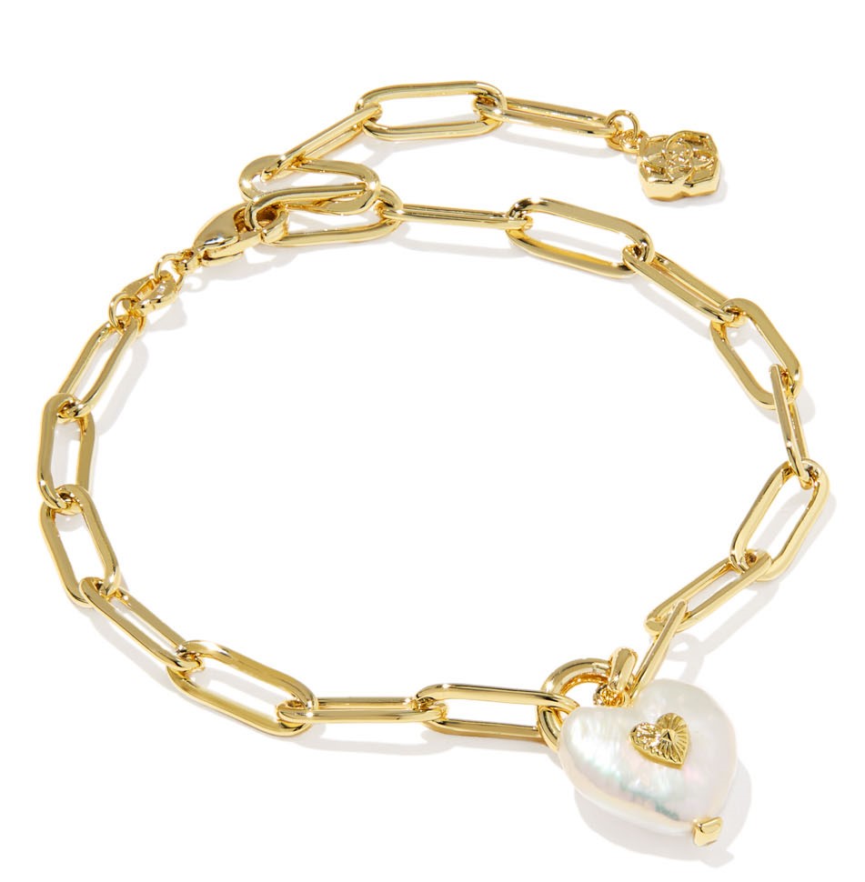 KENDRA SCOTT SASHA HEART FRESHWATER PEARL DELICATE CHAIN GOLD TONE BRACELET