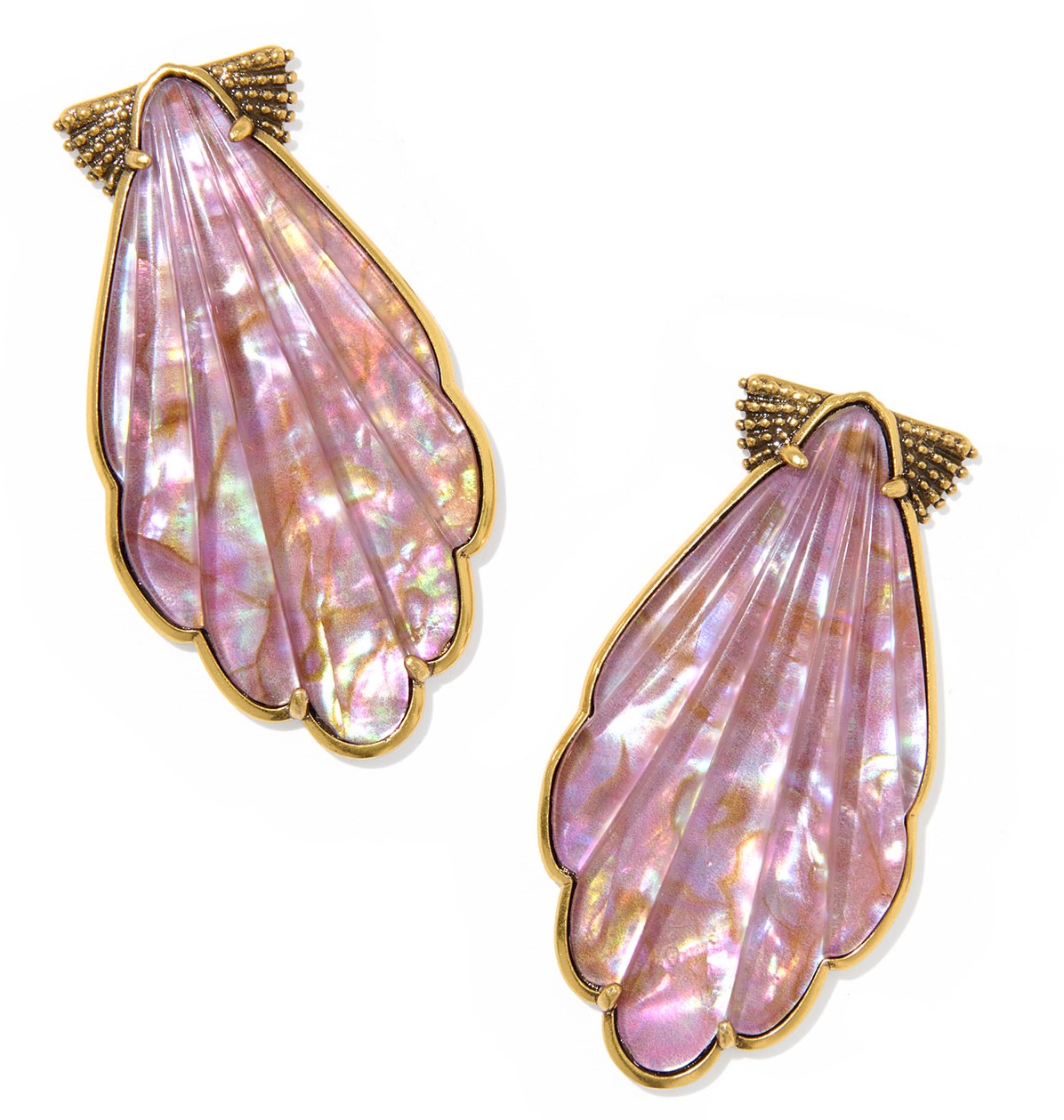 KENDRA SCOTT ALEXA PURPLE IRIDESCENT ABALONE ILLUSION VINTAGE GOLD TONE STATEMENT EARRINGS