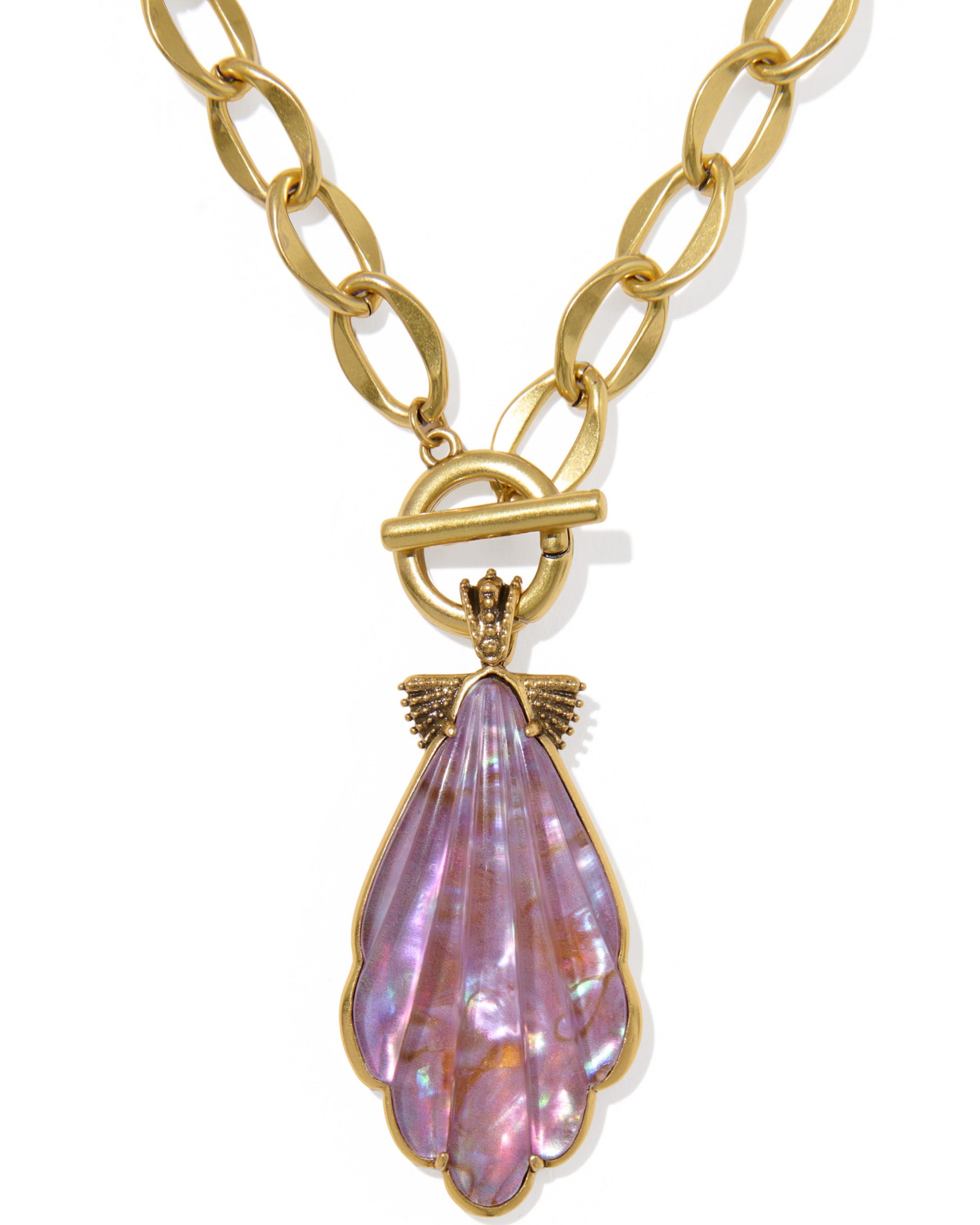 KENDRA SCOTT ALEXA PURPLE IRIDESCENT ABALONE ILLUSION VINTAGE GOLD TONE STATEMENT NECKLACE