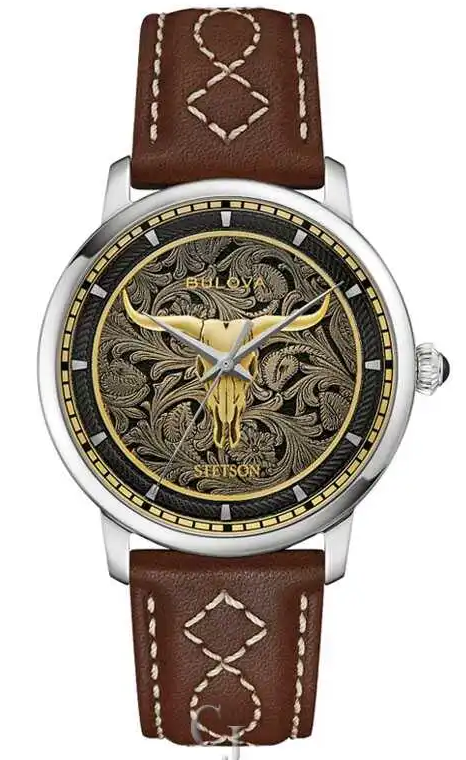 BULOVA GTS STETSON HUDSON ROUND BROWN DIAL WATCH BROWN STITCHED LEATHER STRAP STAINLESS
