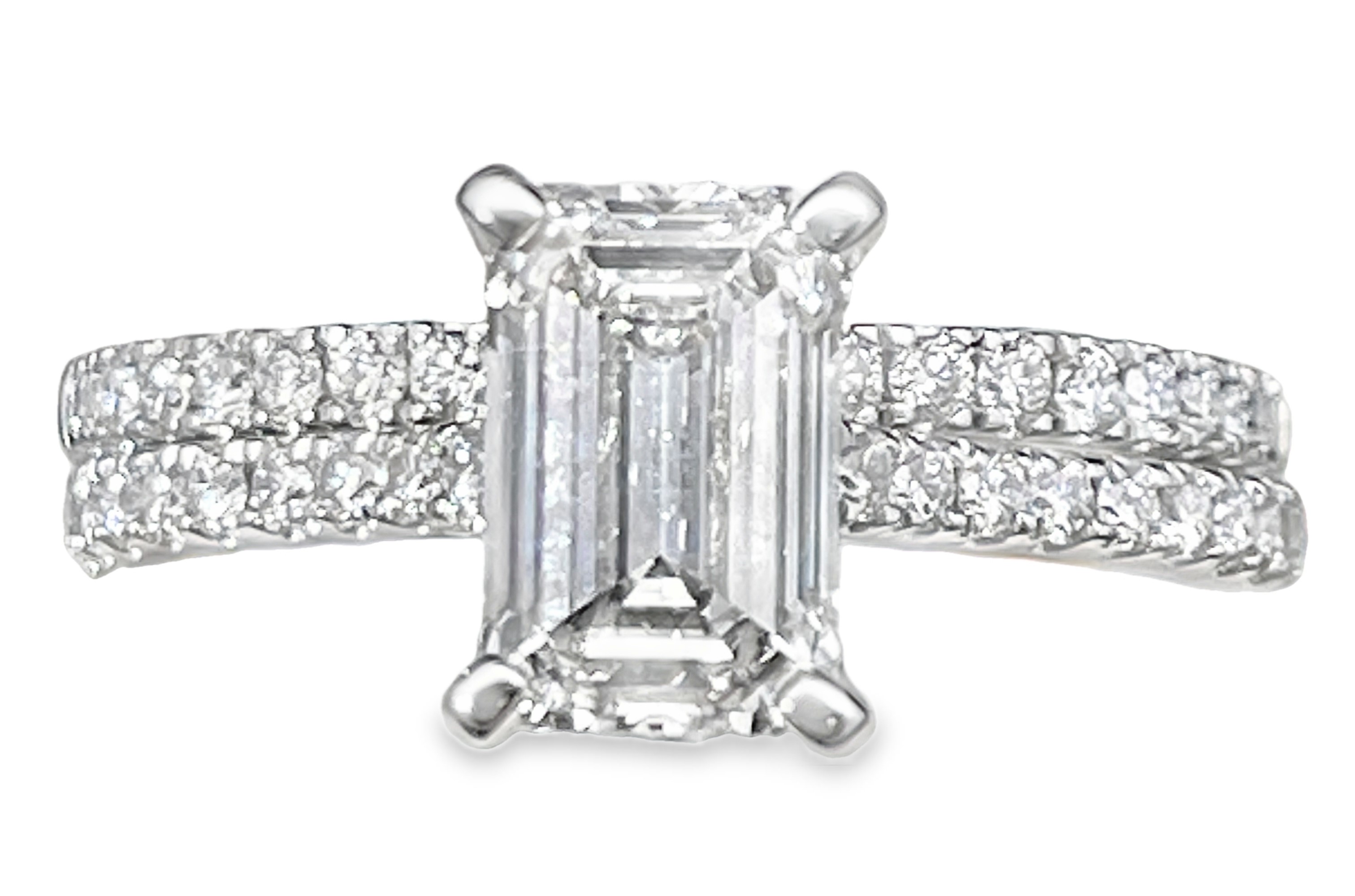 SUPER MAN MADE CREATED 2.08CTW 2PC WEDDING SET CONTAINING: 1.56CT EMERALD CUT DIAMOND CENTER G VS1 IGI LG555268563 + 32 ROUND HIDDEN-HALO ENGAGEMENT RING SEMI MOUNTING + 19 ROUND DIAMOND BAND .52CTW 14KW