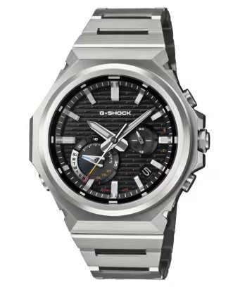 CASIO G-SHOCK ANALOGUE SOLAR ROUND BLACK DIAL WATCH STAINLESS LINK BRACELET