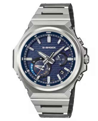CASIO G-SHOCK ANALOGUE SOLAR ROUND BLUE DIAL WATCH STAINLESS LINK BRACELET