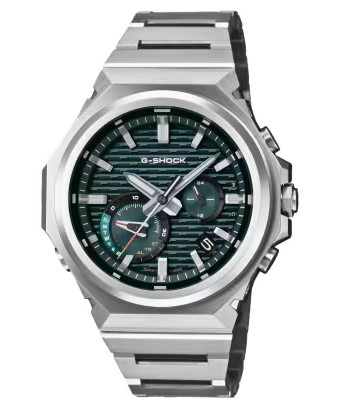 CASIO G-SHOCK ANALOGUE SOLAR ROUND GREEN DIAL WATCH STAINLESS LINK BRACELET