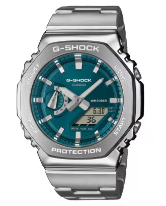 CASIO G-SHOCK ANALOGUE/DIGITAL GREEN DIAL WATCH STAINLESS LINK BRACELET