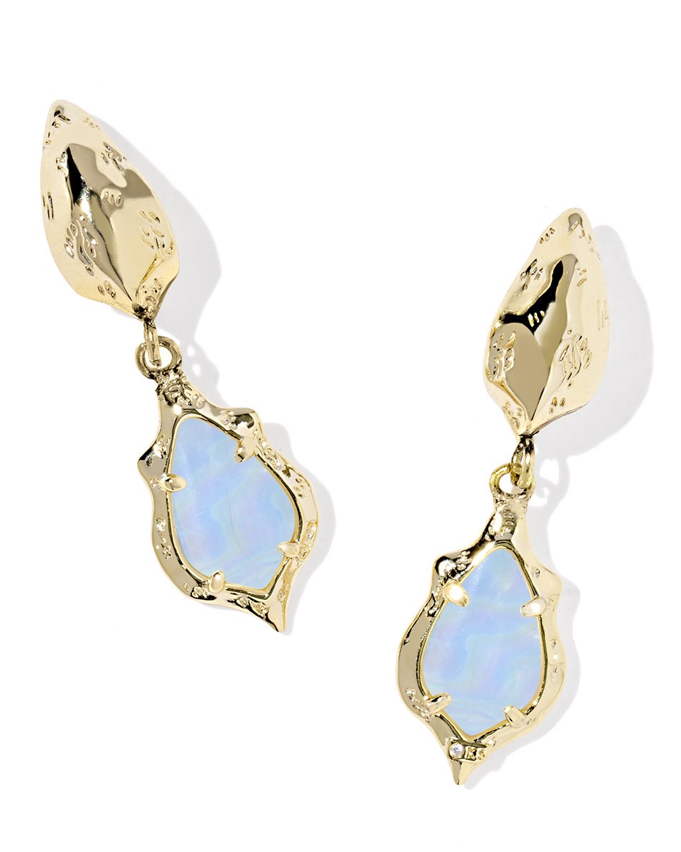 KENDRA SCOTT ADRIANA SCALLOP FRAME HUGGIE EARRINGS SKY BLUE IRIDESCENT ABALONE GOLD