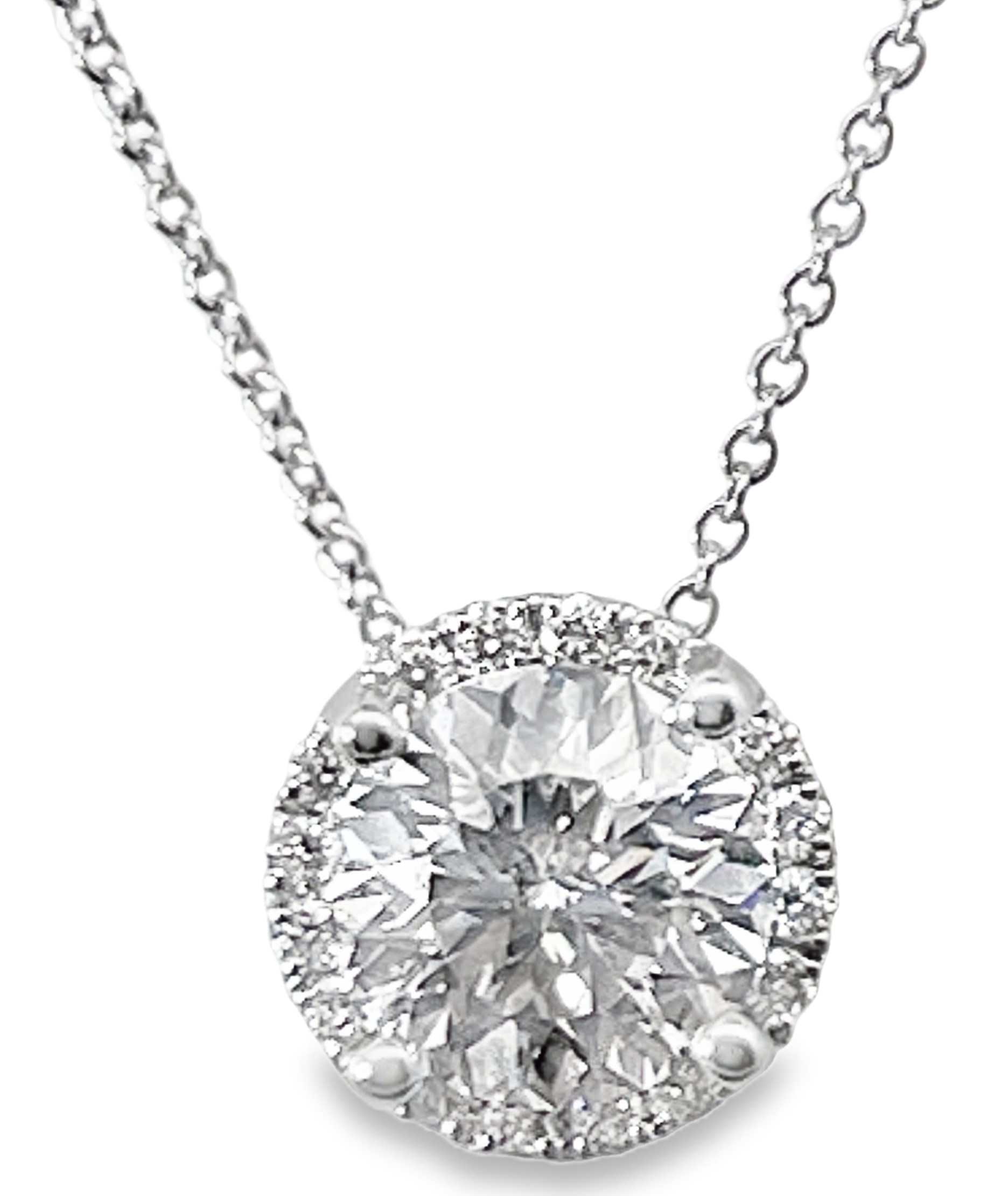 SUPER MAN MADE CREATED 1.91CTW ROUND HALO DIAMOND SLIDER PENDANT/CHAIN CONTAINING: 1.79CT ROUND DIAMOND CENTER E VVS2 IGI LG645440696 + 16 ROUND HALO DIAMONDS .12CTW F VS2 14KW CHAIN INCLUDED