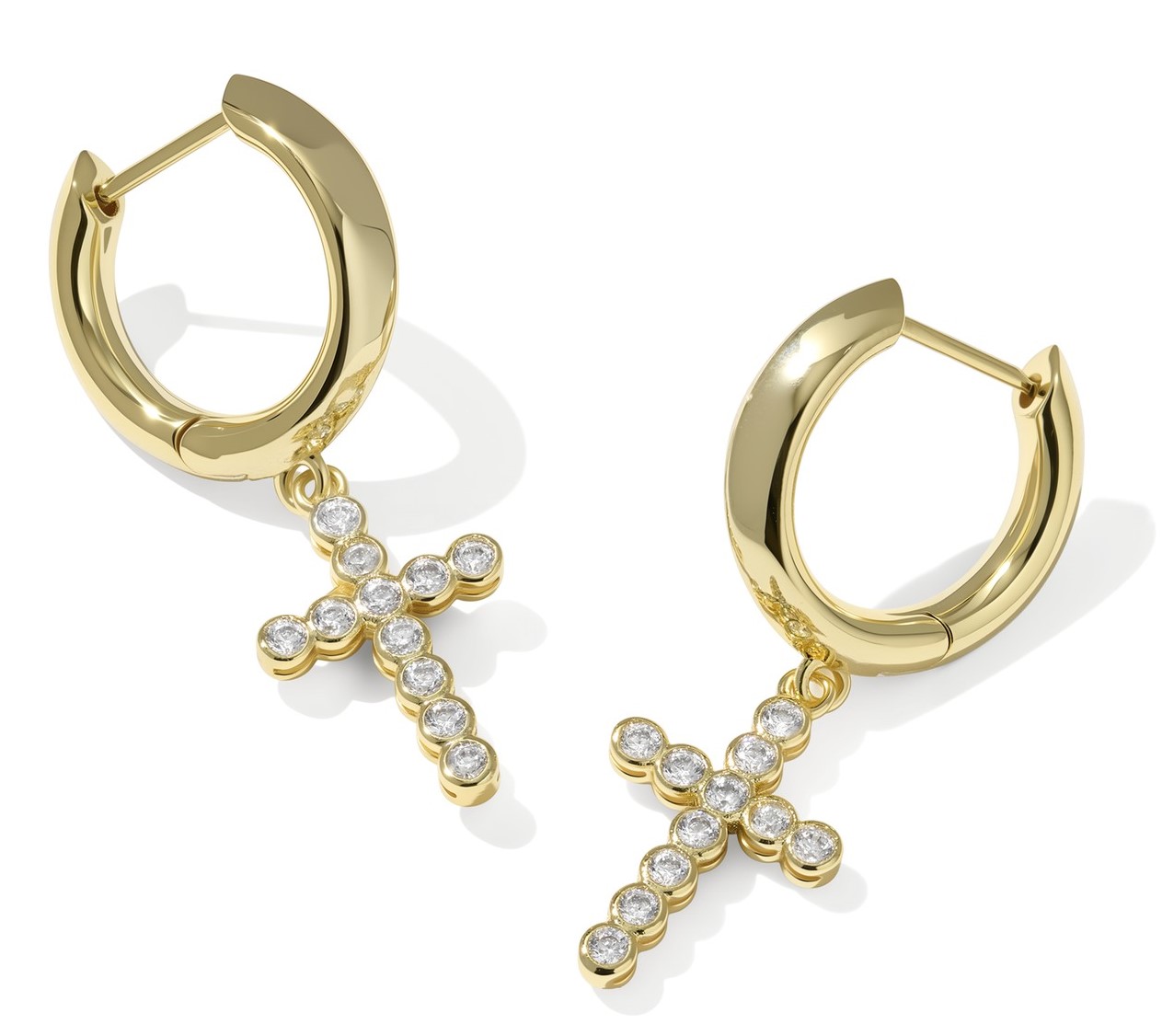 KENDRA SCOTT CROSS CRYSTAL GOLD TONE HUGGIE EARRINGS