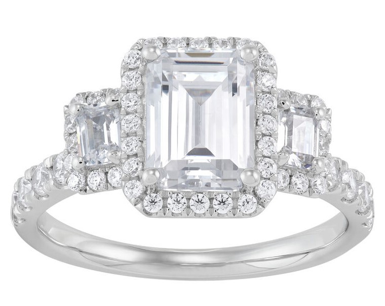 SUPER MAN MADE CREATED 3.09CTW DIAMOND 3-STONE ENGAGEMENT RING CONTAINING: 2.09CT EMERALD CUT DIAMOND CENTER G VS1 IGI LG593372458 + 2 BAGUETTE + 70 ROUND DIAMONDS 1.00CTW 14KW