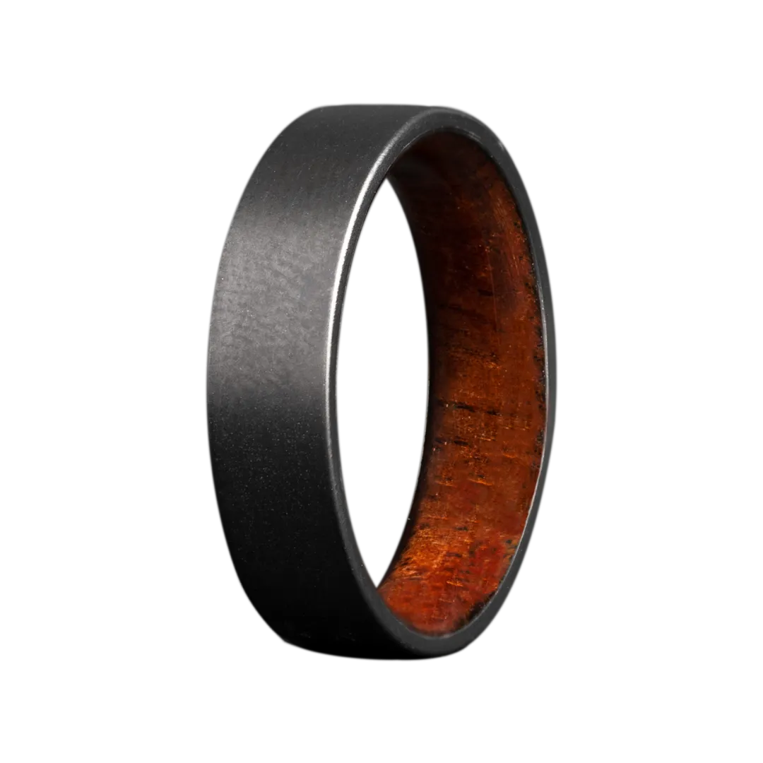 6MM ZIRCONIUM FLAT MATTE BAND WITH KOA WOOD INTERIOR SLEEVE SIZE 10