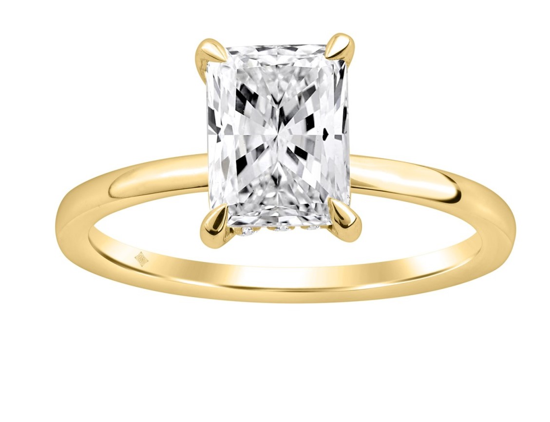 SUPER MAN MADE CREATED 2.10CTW DIAMOND HIDDEN-HALO ENGAGEMENT RING CONTAINING: 2.00CT RADIANT CUT DIAMOND CENTER + 16 ROUND MELEE DIAMONDS .10CTW F-G VS1-VS2 14KY