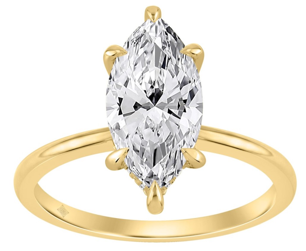 SUPER MAN MADE CREATED 2.10CTW DIAMOND HIDDEN-HALO ENGAGEMENT RING CONTAINING: 2.00CT MARQUISE DIAMOND CENTER + 16 ROUND MELEE DIAMONDS .10CTW F-G VS1-VS2 14KY