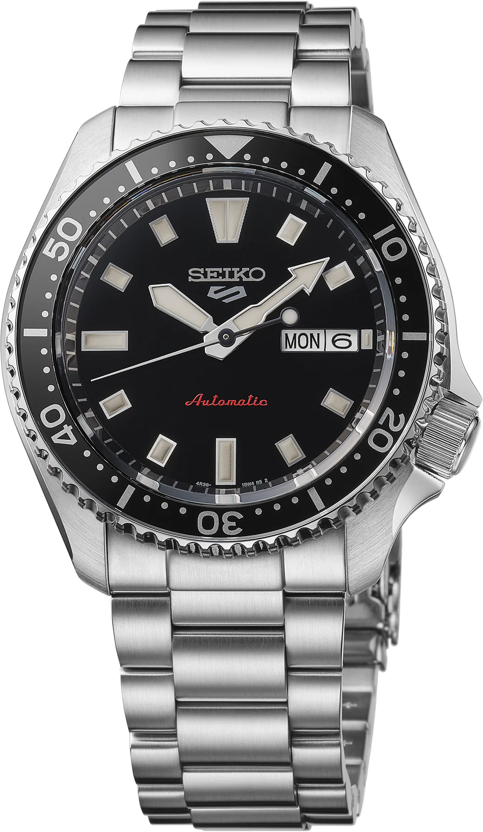 SEIKO 42.5MM AUTOMATIC ROUND BLACK DAY/DATE DIAL BLACK BEZEL LINK BRACELET STAINLESS