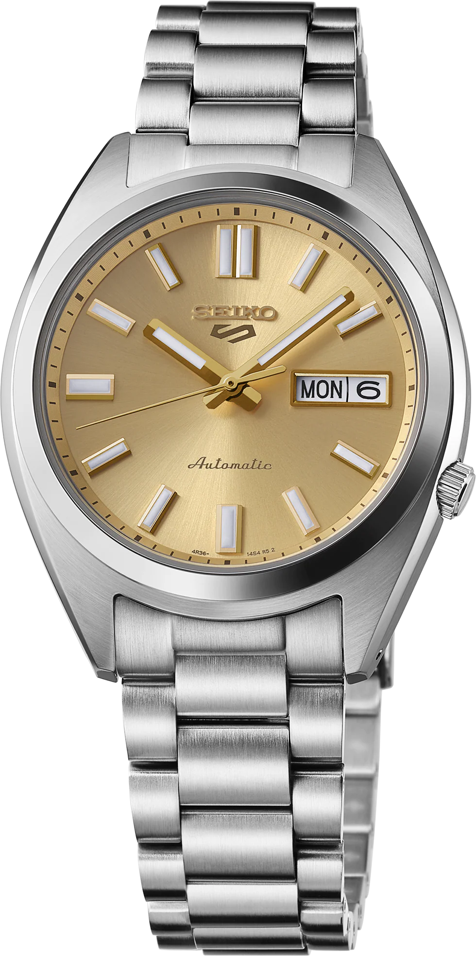 SEIKO 37.4MM AUTOMATIC CHAMPAGNE ROUND DAY/DATE DIAL WATCH LINK BRACELET STAINLESS